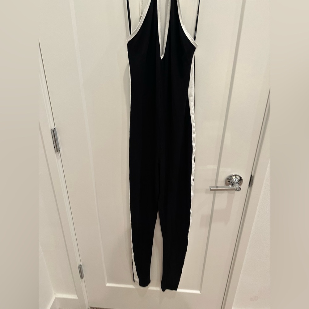 Forever 21 black halter jumpsuit with white racing stripe on sides, size M